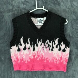 The Ragged Priest Black Pink Flame V Neck Knit Sweater Vest Size M